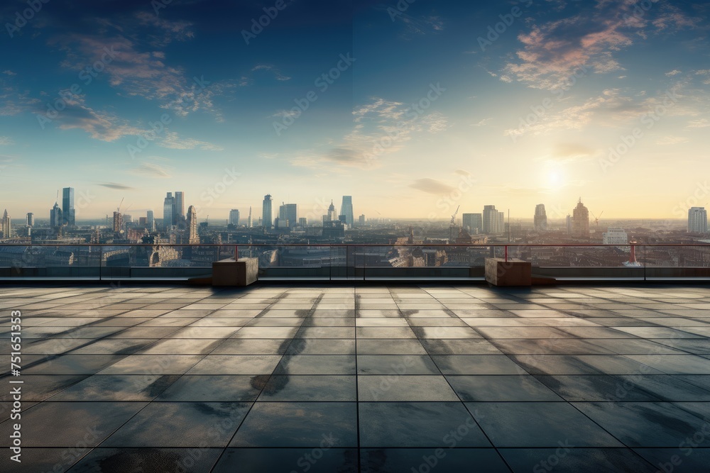 City from the building's roof, showing just the empty floors. Panoramic picture of the city from the building's roof, Ai Generated