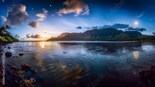 panoramic landscape photograph of solar eclipse above hanalei bay