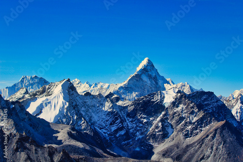 Ama Dablam rises majestically over the surrounding peaks in this view from Kala pathar near Gorakshep,Nepal