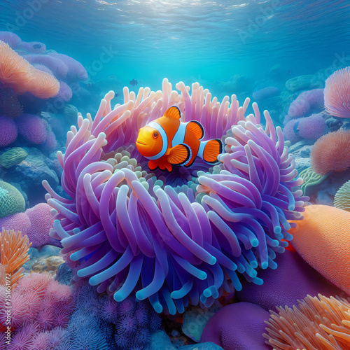 underwater close-up of a colorful clownfish, Amphiprion ocellaris clownfish in marine aquarium.purple plants close-up. Colorful pattern, texture, wallpaper, panoramic underwater view, AI Generated photo