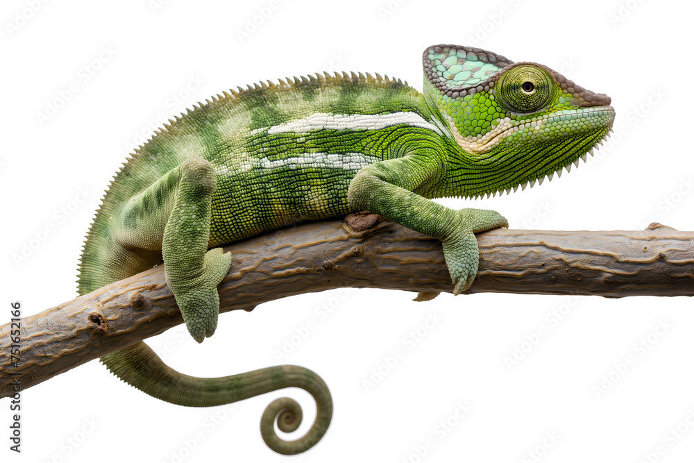 Vibrant Chameleon Perched on a Branch against White Background Vibrant Chameleon Perched on a Branch against White Background