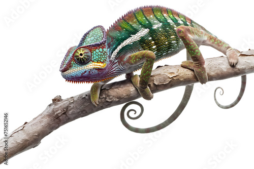 Vibrant Chameleon Perched on a Branch against White Background