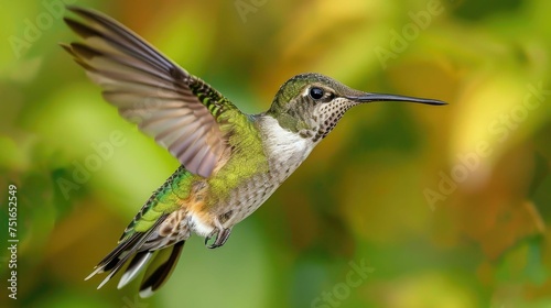 A hummingbird in flight against a vibrant green natural backdrop