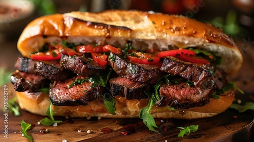 Succulent steak slices on a sandwich garnished with fresh herbs and spices