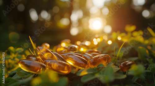 Golden Capsules Resting Amidst Lush Greenery at Sunset
