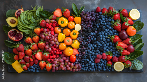 Colorful Assortment of Fresh Fruits Arranged on Dark Surface