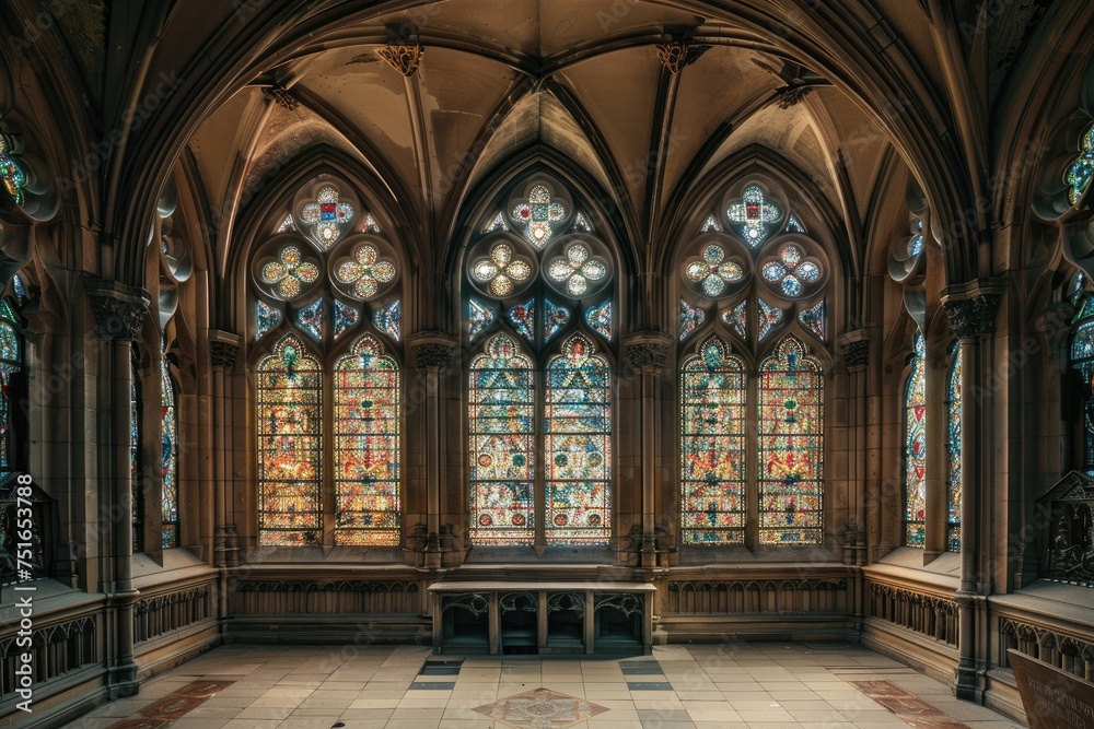 A gothicstyle interior with stained glass windows and intricate arches