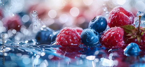 Fresh blueberries and raspberries splashing in water with droplets flying around, vibrant colors. stock photo of water berries with sliced strawberries Food Photography. photo