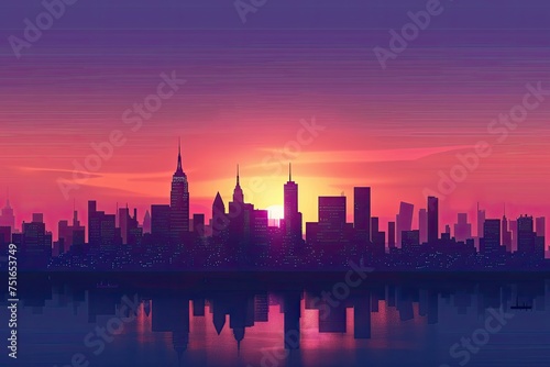 A detailed city skyline silhouette at sunrise with a gradient sky