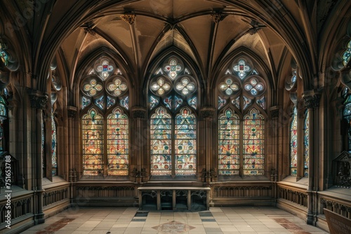 A gothicstyle interior with stained glass windows and intricate arches photo