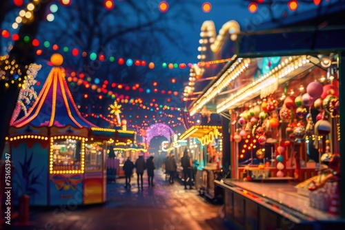 A vibrant carnival scene with festive decorations and bright lights