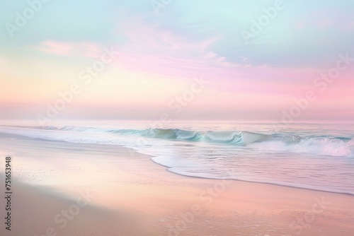 A tranquil beach scene at sunset with soft pastel colors