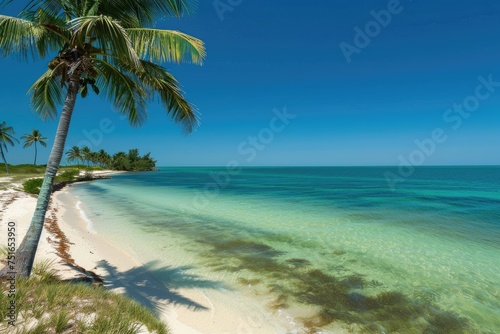 A tropical paradise with palm trees white sand beaches and turquoise waters © AI Farm