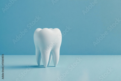 White molar tooth with four roots stand isolated on clean blue background. Oral care concept. Artificial premolar model