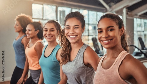 Fitness, laughing and friends at the gym for training, pilates class and happy for exercise at a club. Smile, sport in a group for a workout, cardio or yoga on a studio wall 