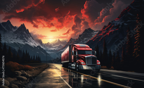 An illustration of a truck on the highway against the backdrop of the evening sun, generative AI 