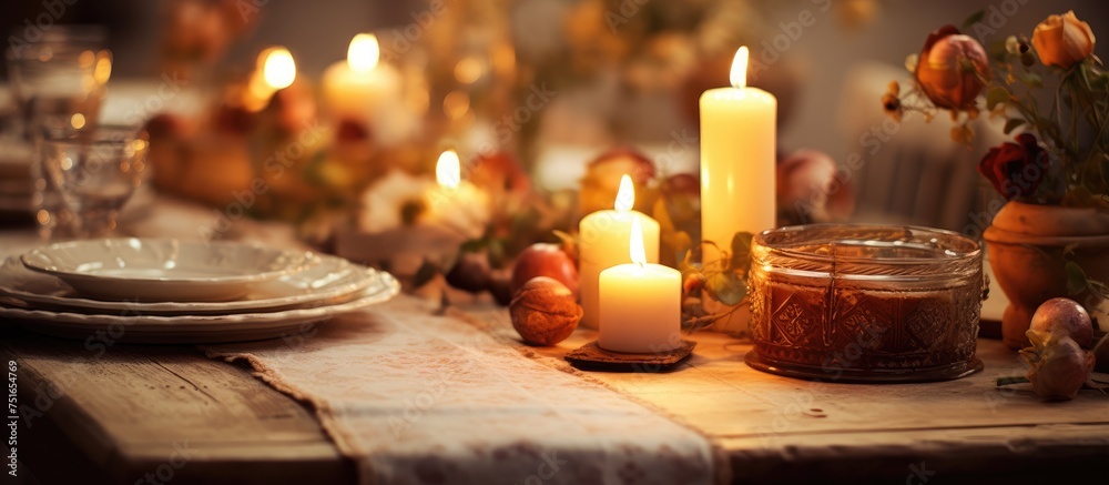 A table is covered with numerous candles and plates, creating a warm and inviting ambiance. The flickering candlelight adds a cozy atmosphere to the setting.