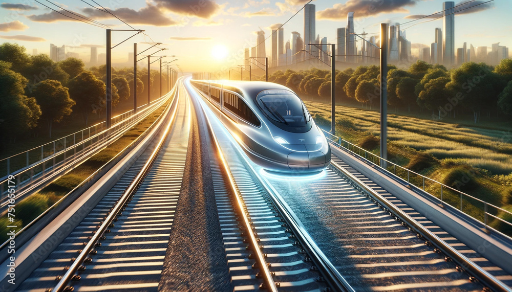Futuristic train speeding along tracks at sunrise