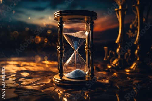 Close up of a golden hourglass on a table, Classic wooden hourglass , Ai generated © Tanu