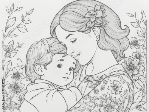 Illustration of a mother holding baby son in her arms