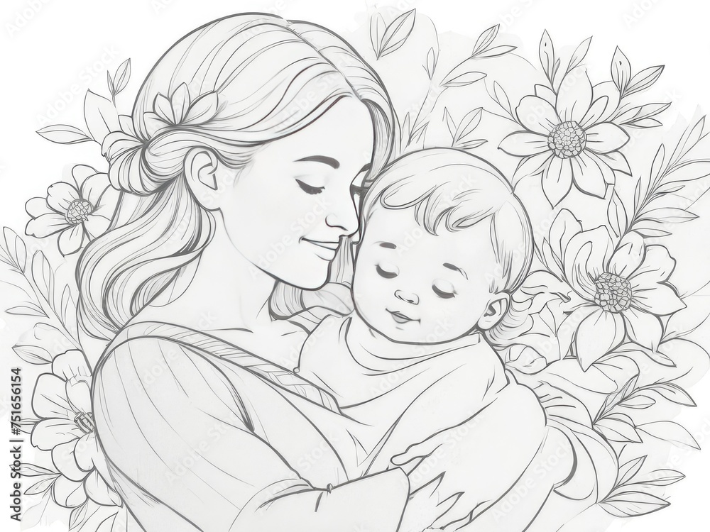 Illustration of a mother holding baby son in her arms