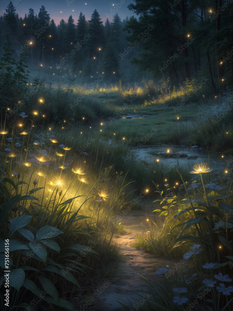 A painting of a forest path at dusk with glowing fireflies. ai generative
