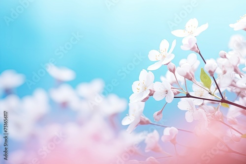 Small white flowers on a toned on gentle soft blue and pink background outdoors close-up macro . Spring summer border template floral background. Light air delicate artistic . generative ai photo