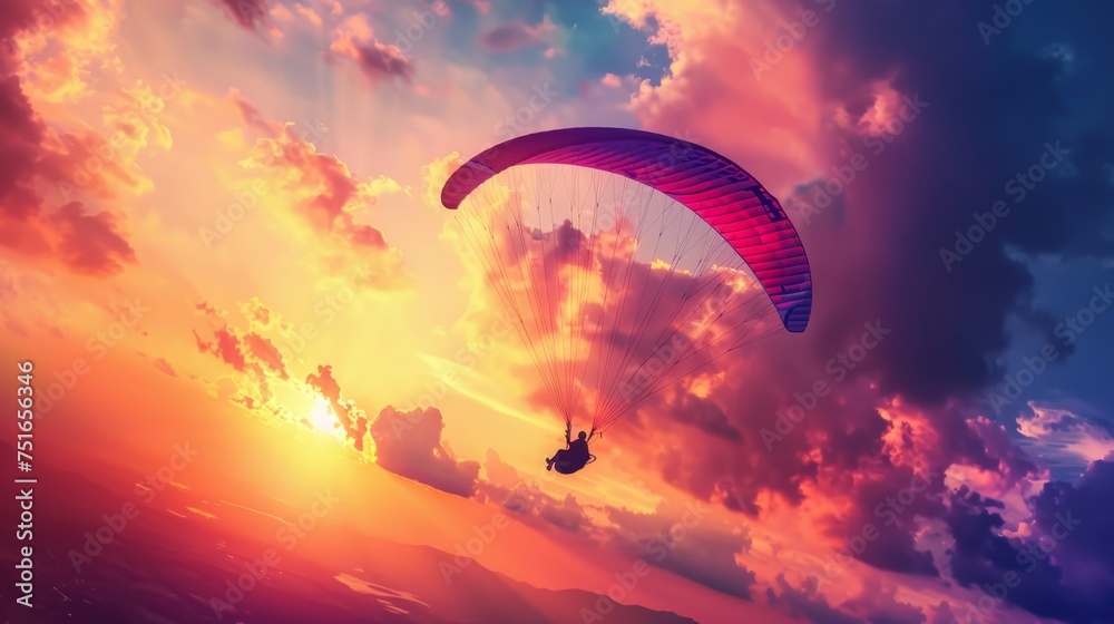 Paraglider silhouette colorful sky freedom - obrazy, fototapety, plakaty 