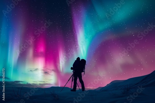 Photographer silhouette colorful aurora backdrop