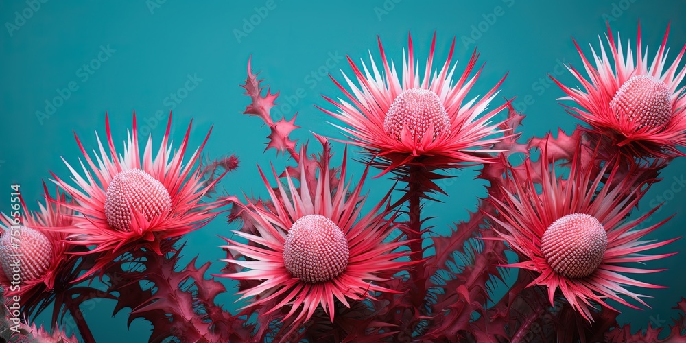 Artistic display of pink plants with spiky features accented against a teal background Artistic display of pink plants with spiky features accented against a teal background