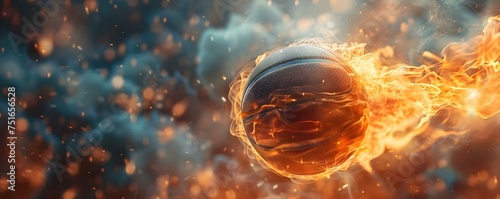 Fiery basketball soars towards hoop leaving blazing trail in its wake. Concept Sport, Basketball, Hoop, Fire, Trail