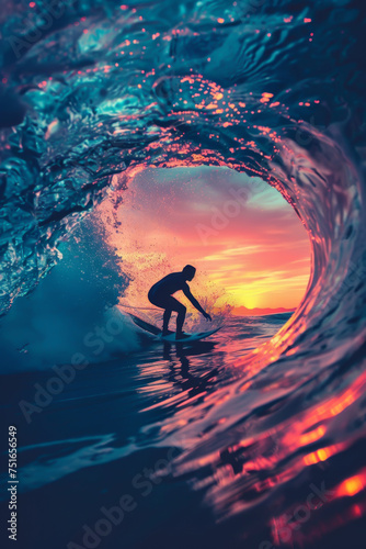 Surfer silhouette colorful sunset wave curl © kitinut
