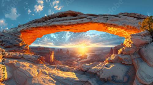 Panoramic view of famous Mesa Arch, iconic symbol of the American West, illuminated golden in beautiful morning light on a sunny day with blue sky and clouds, Canyonlands National Park, Utah, USA.