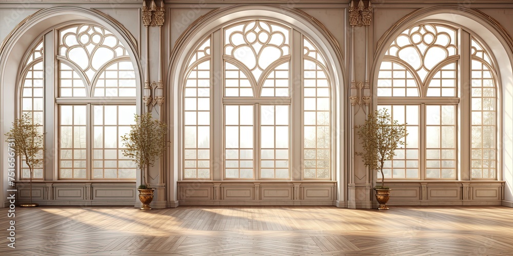 A room with arched windows that allow warm natural light to flood in, illuminating the wooden floor and walls adorned with intricate molding and fixtures, creating a timeless and inviting atmosphere
