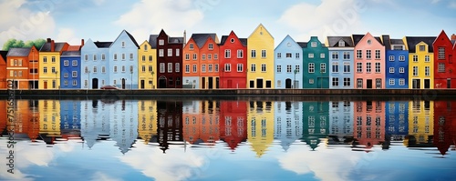 Colorful row of homes on a lake. Reflection of houses in the water. Old buildings in Europe. Architectural landscape photo