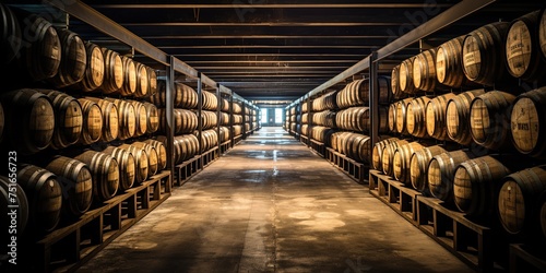 Whiskey, bourbon, scotch barrels in an aging facility.