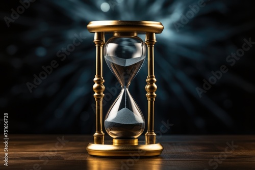 Close-up of a golden hourglass on a table, hourglass endless loop, time, sand, clock, glass, timer, Ai generated