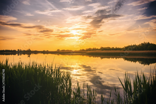 Sunset or sunrise above the pond or lake at spring or early summer evening or morning with cloudy sky and reed grass. Springtime landscape. Water reflection. Vintage film aesthetic.