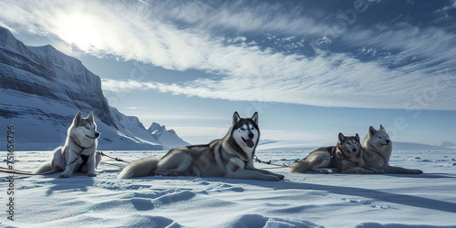 A team of husky sled dogs on sea ice