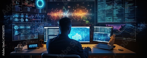 An analyst uses a computer and dashboard for data business analysis and Data Management System with KPI and metrics connected to the database for technology finance; operations photo