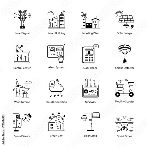 Set of 16 Smart City Linear Icons 

