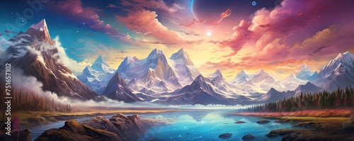 The majestic mountains stood tall against the vibrant sky, as the distant planet beckoned with its unknown allure, a landscape that evoked a sense of wonder and adventure photo