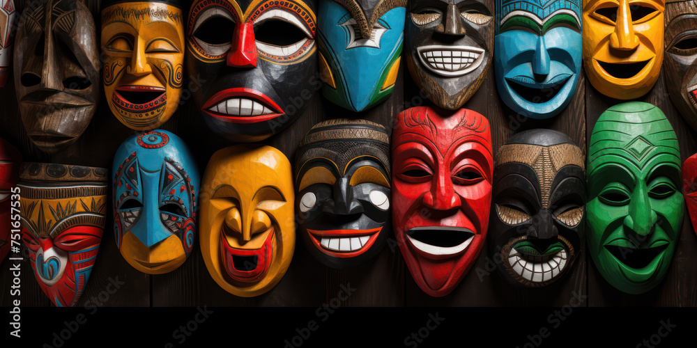 Colorful Mask Tradition: A Beautiful Cultural Face, Arts, and Decoration on a Wooden Costume Souvenir against a Market Background.