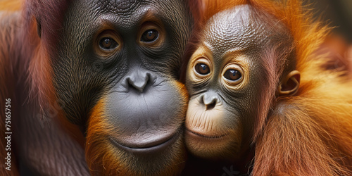 A young orangutan with its mother. Sweet orangutan photo