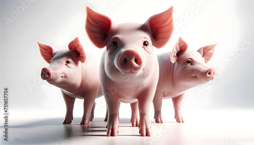 three piglets with a forward-facing perspective, giving direct eye contact as if curiously observing the viewer photo