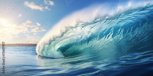 A beautiful ocean wave forming a tube. Summer tropical resort incoming wave.