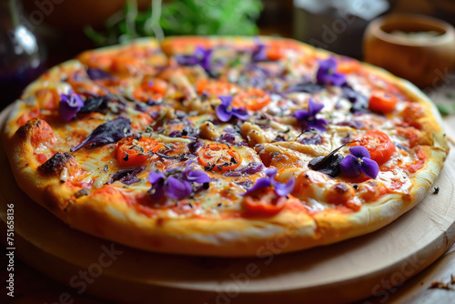A pizza with a alien made of cheese and purple peppers
