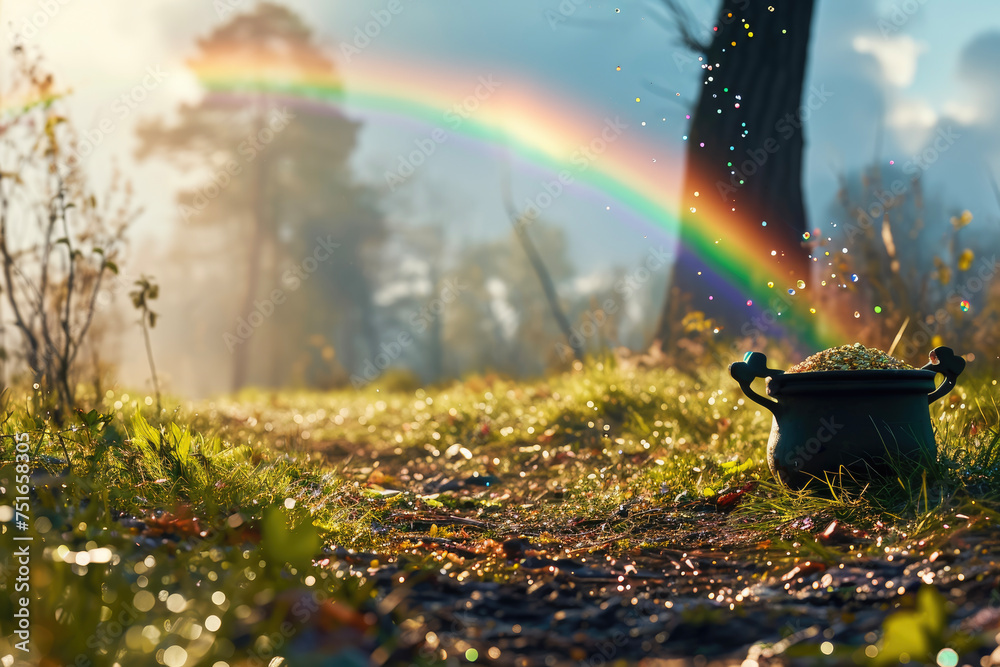A rainbow with a pot of gold and a leprechaun A rainbow with a pot of gold and a leprechaun