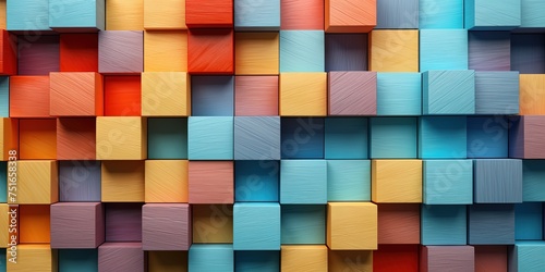 Colorful wooden blocks aligned. Wide format.