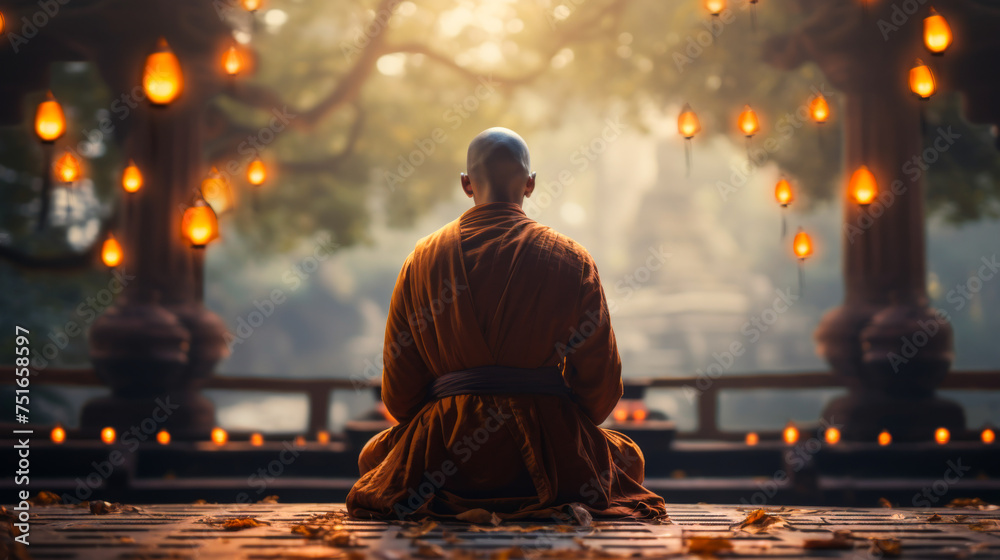 Asian buddhist peacefully meditation in a temple - obrazy, fototapety, plakaty 